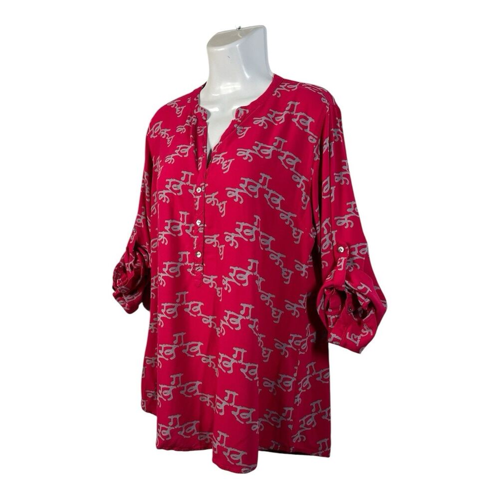Utsa Women Tunic Top XXL Dark Pink Sanskrit Hindi Script Roll Tab V-Neck Casual